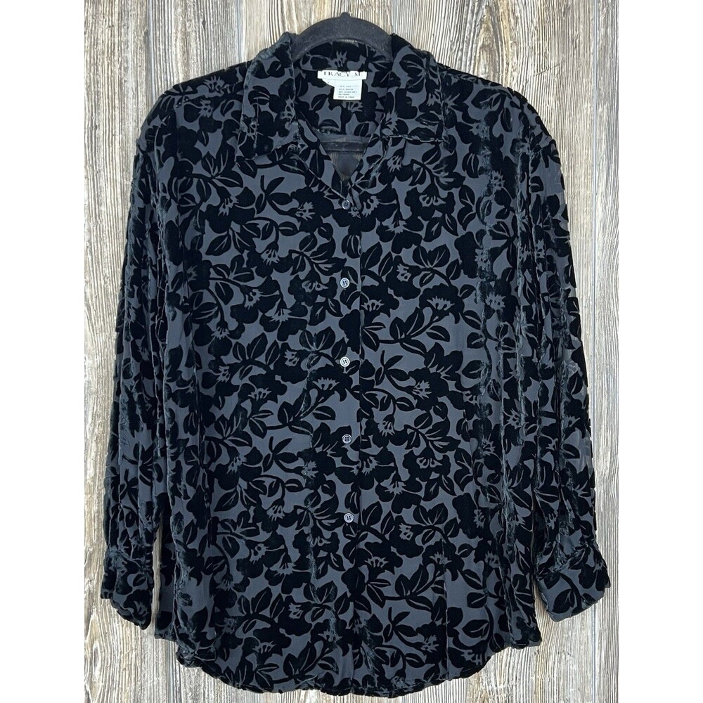 VTG Tracy M. Top Womens L  Velvet Burnout Silk Blend Black Floral Y2K Whimsigoth